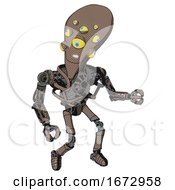 Poster, Art Print Of Droid Containing Flat Elongated Skull Head And Yellow Eyeball Array And Heavy Upper Chest And No Chest Plating And Ultralight Foot Exosuit Khaki Halftone Fight Or Defense Pose