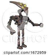 Poster, Art Print Of Droid Containing Flat Elongated Skull Head And Yellow Eyeball Array And Heavy Upper Chest And No Chest Plating And Ultralight Foot Exosuit Khaki Halftone Interacting