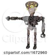Droid Containing Flat Elongated Skull Head And Yellow Eyeball Array And Heavy Upper Chest And No Chest Plating And Ultralight Foot Exosuit Khaki Halftone Arm Out Holding Invisible Object