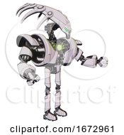 Poster, Art Print Of Automaton Containing Flat Elongated Skull Head And Heavy Upper Chest And Heavy Mech Chest And Green Energy Core And Ultralight Foot Exosuit White Halftone Toon Interacting