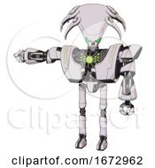Poster, Art Print Of Automaton Containing Flat Elongated Skull Head And Heavy Upper Chest And Heavy Mech Chest And Green Energy Core And Ultralight Foot Exosuit White Halftone Toon Arm Out Holding Invisible Object