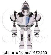 Poster, Art Print Of Robot Containing Grey Alien Style Head And Metal Grate Eyes And Alien Bug Creature Hat And Heavy Upper Chest And Blue Shield Defense Design And Prototype Exoplate Legs White Halftone Toon
