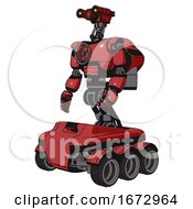 Droid Containing Dual Retro Camera Head And Simple Blue Telescopic Eye Head And Light Chest Exoshielding And Chest Valve Crank And Rocket Pack And Six Wheeler Base Primary Red Halftone