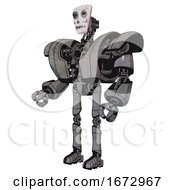 Poster, Art Print Of Cyborg Containing Humanoid Face Mask And Skeleton War Paint And Heavy Upper Chest And Heavy Mech Chest And Ultralight Foot Exosuit Unpainted Metal Facing Right View