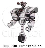 Android Containing Dual Retro Camera Head And Simple Blue Telescopic Eye Head And Heavy Upper Chest And Heavy Mech Chest And Barbed Wire Chest Armor Cage And Unicycle Wheel White Halftone Toon