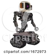 Poster, Art Print Of Robot Containing Old Computer Monitor And Magenta Symbol Display And Old Retro Speakers And Heavy Upper Chest And No Chest Plating And Tank Tracks Light Pink Beige Facing Left View