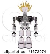 Poster, Art Print Of Robot Containing Humanoid Face Mask And Heavy Upper Chest And No Chest Plating And Light Leg Exoshielding White Halftone Toon Front View