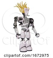 Poster, Art Print Of Robot Containing Humanoid Face Mask And Heavy Upper Chest And No Chest Plating And Light Leg Exoshielding White Halftone Toon Facing Left View