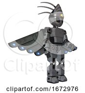 Poster, Art Print Of Droid Containing Grey Alien Style Head And Black Eyes And Eyeball Creature Crown And Light Chest Exoshielding And Prototype Exoplate Chest And Cherub Wings Design And Prototype Exoplate Legs