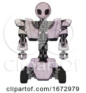 Poster, Art Print Of Droid Containing Grey Alien Style Head And Black Eyes And Heavy Upper Chest And Heavy Mech Chest And Six-Wheeler Base Sketch Pad Light Front View