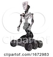 Poster, Art Print Of Robot Containing Humanoid Face Mask And Slashes War Paint And Light Chest Exoshielding And No Chest Plating And Six-Wheeler Base White Halftone Toon Facing Right View