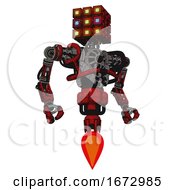 Poster, Art Print Of Automaton Containing Dual Retro Camera Head And Cube Array Head And Heavy Upper Chest And No Chest Plating And Jet Propulsion Red Blood Grunge Material Hero Pose