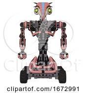 Mech Containing Bird Skull Head And Green Eyes And Head Shield Design And Heavy Upper Chest And No Chest Plating And Six Wheeler Base Toon Pink Tint Front View
