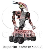 Poster, Art Print Of Mech Containing Bird Skull Head And Green Eyes And Head Shield Design And Heavy Upper Chest And No Chest Plating And Six-Wheeler Base Toon Pink Tint Facing Left View