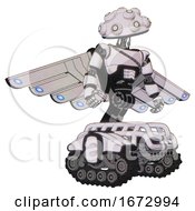 Poster, Art Print Of Automaton Containing Techno Multi-Eyed Domehead Design And Light Chest Exoshielding And Cable Sash And Cherub Wings Design And Tank Tracks White Halftone Toon Hero Pose