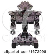 Poster, Art Print Of Automaton Containing Techno Multi-Eyed Domehead Design And Heavy Upper Chest And Heavy Mech Chest And Barbed Wire Chest Armor Cage And Six-Wheeler Base Dark Sketch Lines Front View
