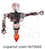 Poster, Art Print Of Android Containing Humanoid Face Mask And Heavy Upper Chest And No Chest Plating And Jet Propulsion Toon Pink Tint Pointing Left Or Pushing A Button