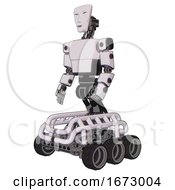 Poster, Art Print Of Android Containing Humanoid Face Mask And Light Chest Exoshielding And Prototype Exoplate Chest And Six-Wheeler Base White Halftone Toon Facing Right View