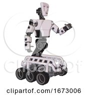 Poster, Art Print Of Android Containing Humanoid Face Mask And Light Chest Exoshielding And Prototype Exoplate Chest And Six-Wheeler Base White Halftone Toon Interacting