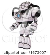 Poster, Art Print Of Robot Containing Metal Cubes Dome Head Design And Heavy Upper Chest And Chest Blue Energy Core And Light Leg Exoshielding White Halftone Toon Facing Right View