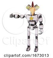 Poster, Art Print Of Robot Containing Bird Skull Head And Big Yellow Eyes And Chicken Design And Light Chest Exoshielding And Yellow Star And Ultralight Foot Exosuit White Halftone Toon