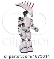 Poster, Art Print Of Cyborg Containing Flat Elongated Skull Head And Light Chest Exoshielding And Prototype Exoplate Chest And Light Leg Exoshielding White Halftone Toon Facing Left View