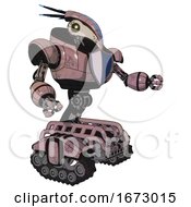 Poster, Art Print Of Mech Containing Bird Skull Head And Yellow Led Protruding Eyes And Head Shield Design And Heavy Upper Chest And Blue Shield Defense Design And Tank Tracks Grayish Pink Interacting