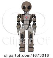 Poster, Art Print Of Robot Containing Grey Alien Style Head And Black Eyes And Light Chest Exoshielding And Red Energy Core And Prototype Exoplate Legs Patent Khaki Metal Front View