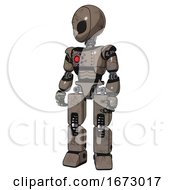 Poster, Art Print Of Robot Containing Grey Alien Style Head And Black Eyes And Light Chest Exoshielding And Red Energy Core And Prototype Exoplate Legs Patent Khaki Metal Standing Looking Right Restful Pose