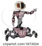 Poster, Art Print Of Droid Containing Old Computer Monitor And Old Retro Speakers And Light Chest Exoshielding And Cable Sash And Insect Walker Legs Grayish Pink Pointing Left Or Pushing A Button