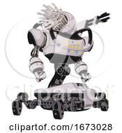 Poster, Art Print Of Bot Containing Round Fiber Optic Connectors Head And Heavy Upper Chest And Colored Lights Array And Insect Walker Legs White Halftone Toon Hero Pose