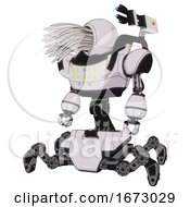 Poster, Art Print Of Bot Containing Round Fiber Optic Connectors Head And Heavy Upper Chest And Colored Lights Array And Insect Walker Legs White Halftone Toon Standing Looking Right Restful Pose