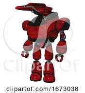 Poster, Art Print Of Robot Containing Dual Retro Camera Head And Laser Gun Head And Heavy Upper Chest And Light Leg Exoshielding Red Blood Grunge Material Standing Looking Right Restful Pose