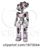 Poster, Art Print Of Bot Containing Many Robo-Eye Domehead Design And Light Chest Exoshielding And Ultralight Chest Exosuit And Prototype Exoplate Legs Sketch Pad Dots Pattern Standing Looking Right Restful Pose
