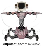 Poster, Art Print Of Droid Containing Old Computer Monitor And Old Retro Speakers And Light Chest Exoshielding And Cable Sash And Insect Walker Legs Grayish Pink T-Pose