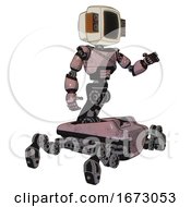 Poster, Art Print Of Droid Containing Old Computer Monitor And Old Retro Speakers And Light Chest Exoshielding And Cable Sash And Insect Walker Legs Grayish Pink Interacting