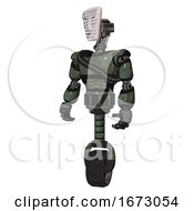 Poster, Art Print Of Cyborg Containing Humanoid Face Mask And Binary War Paint And Light Chest Exoshielding And Rubber Chain Sash And Unicycle Wheel Old Corroded Copper Standing Looking Right Restful Pose