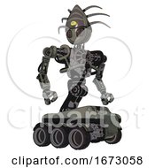 Mech Containing Grey Alien Style Head And Metal Grate Eyes And Eyeball Creature Crown And Heavy Upper Chest And No Chest Plating And Six Wheeler Base Concrete Grey Metal Hero Pose