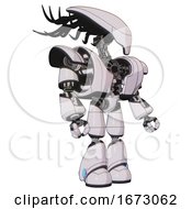 Poster, Art Print Of Android Containing Flat Elongated Skull Head And Cables And Heavy Upper Chest And Heavy Mech Chest And Light Leg Exoshielding White Halftone Toon Facing Left View