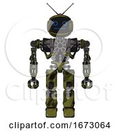 Robot Containing Digital Display Head And Blank Faced Expression And Retro Antennas And Heavy Upper Chest And No Chest Plating And Prototype Exoplate Legs Grunge Army Green Front View