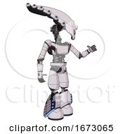 Poster, Art Print Of Android Containing Flat Elongated Skull Head And Light Chest Exoshielding And Ultralight Chest Exosuit And Light Leg Exoshielding And Megneto-Hovers Foot Mod White Halftone Toon Interacting