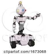 Poster, Art Print Of Robot Containing Oval Wide Head And Giant Blue And Red Led Eyes And Minibot Ornament And Light Chest Exoshielding And Chest Green Blue Lights Array And Tank Tracks White Halftone Toon