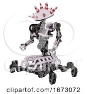 Poster, Art Print Of Bot Containing Red And White Cone Dome Head And Heavy Upper Chest And No Chest Plating And Insect Walker Legs White Halftone Toon Facing Right View