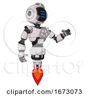 Poster, Art Print Of Bot Containing Digital Display Head And Three Horizontal Line Design And Green Led Array And Light Chest Exoshielding And Chest Valve Crank And Jet Propulsion White Halftone Toon Interacting
