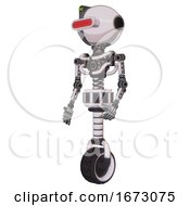 Poster, Art Print Of Cyborg Containing Oval Wide Head And Red Horizontal Visor And Green Led Ornament And Light Chest Exoshielding And No Chest Plating And Unicycle Wheel White Halftone Toon Facing Right View