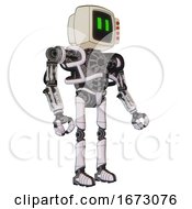 Poster, Art Print Of Mech Containing Old Computer Monitor And Pixel Line Eyes And Red Buttons And Heavy Upper Chest And No Chest Plating And Ultralight Foot Exosuit White Halftone Toon Facing Left View