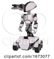 Poster, Art Print Of Android Containing Gatling Gun Face Design And Light Chest Exoshielding And Chest Valve Crank And Six-Wheeler Base White Halftone Toon Standing Looking Right Restful Pose