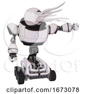 Poster, Art Print Of Bot Containing Jellyfish Style Head Fiber Optic Tentacles And Heavy Upper Chest And Triangle Of Blue Leds And Six-Wheeler Base White Halftone Toon Pointing Left Or Pushing A Button