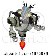 Poster, Art Print Of Cyborg Containing Bird Skull Head And Big Yellow Eyes And Head Shield Design And Heavy Upper Chest And Shoulder Headlights And Jet Propulsion Green Metal Fight Or Defense Pose