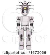 Poster, Art Print Of Android Containing Grey Alien Style Head And Electric Eyes And Eyeball Creature Crown And Light Chest Exoshielding And Prototype Exoplate Chest And Prototype Exoplate Legs White Halftone Toon